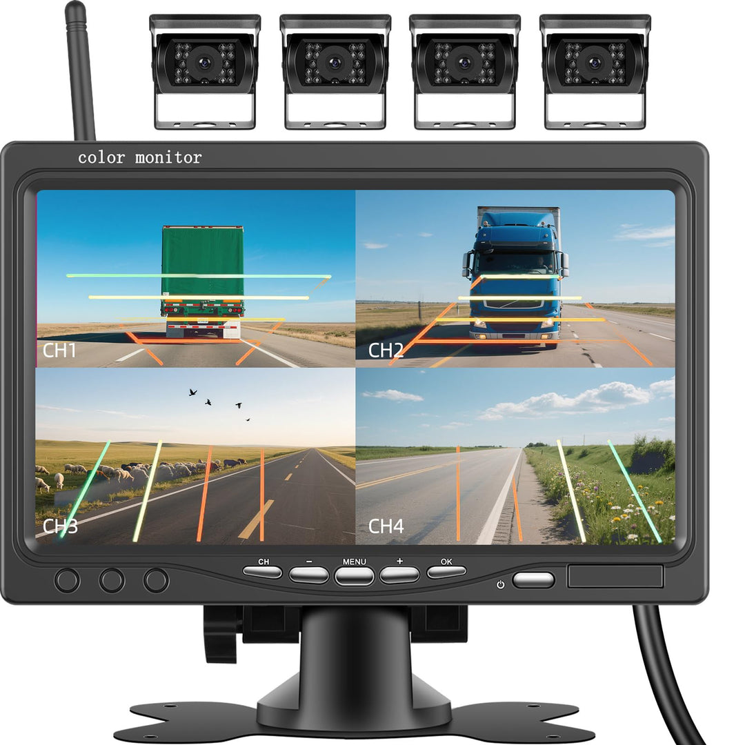 1080P Kabelloses Rückfahrkamerasystem für Wohnmobile, 7-Zoll-Rückfahrkameramonitor für 4 Kanäle mit