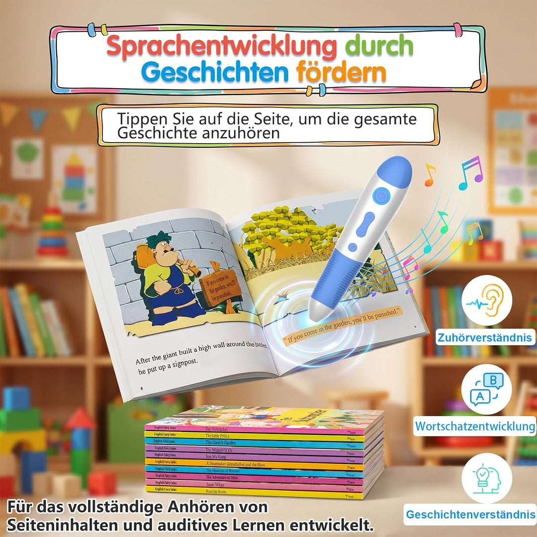 Interaktiver Lernstift mit 10 englischen Geschichtenbüchern, Vorlesestift für Kinder ab 2–5 Jahren,