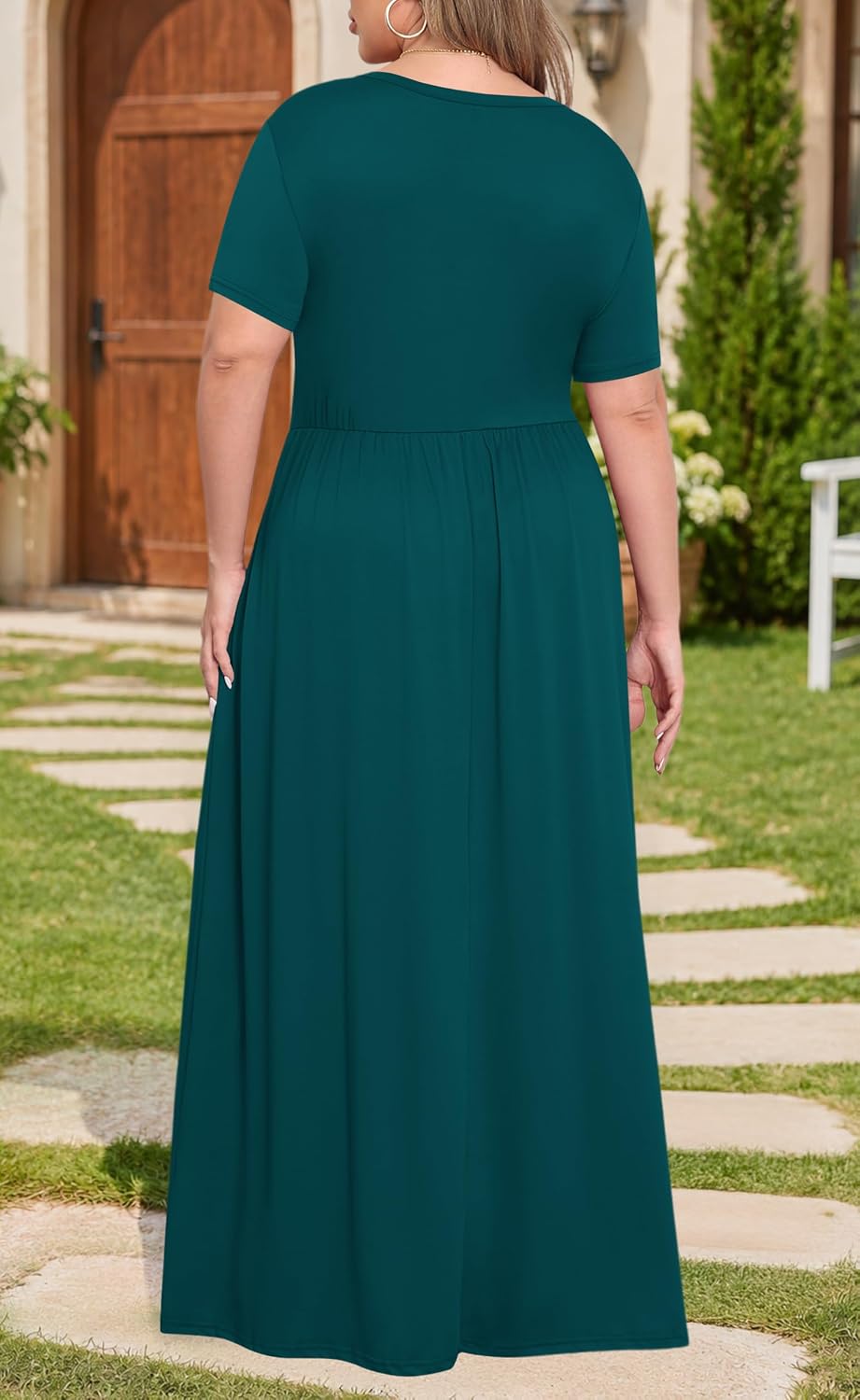 KARALIN Damen Plus Size Kurzarm Lose Einfarbig Casual Lange Maxi Kleider mit Taschen 001 Dunkelgrün