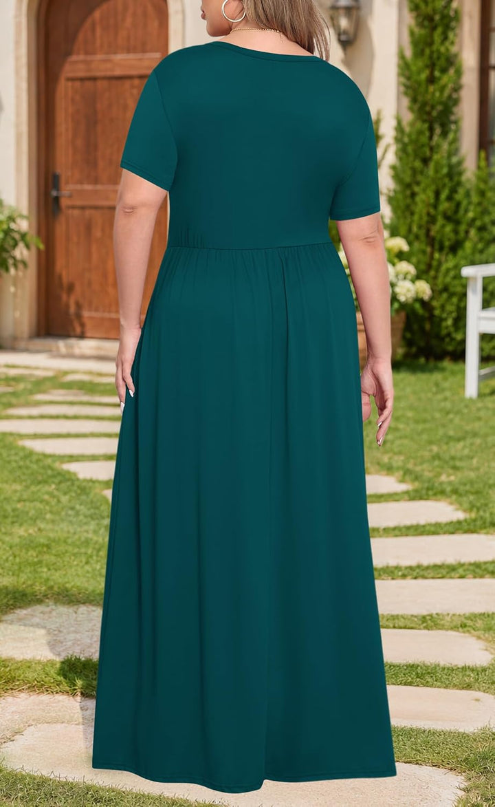 KARALIN Damen Plus Size Kurzarm Lose Einfarbig Casual Lange Maxi Kleider mit Taschen 001 Dunkelgrün