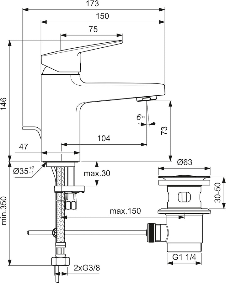 Ideal Standard BD274AA Ceraplan Waschtischarmatur mit Zugknopf-Ablaufgarnitur Auslaufhöhe 73mm EasyF