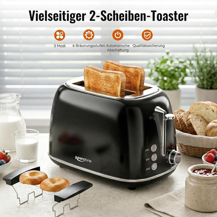 Keenstone Toaster 2 Scheiben, Retro Edelstahl Toaster mit breitem Schlitz, 6 Bräunungsstufen, mit Wa
