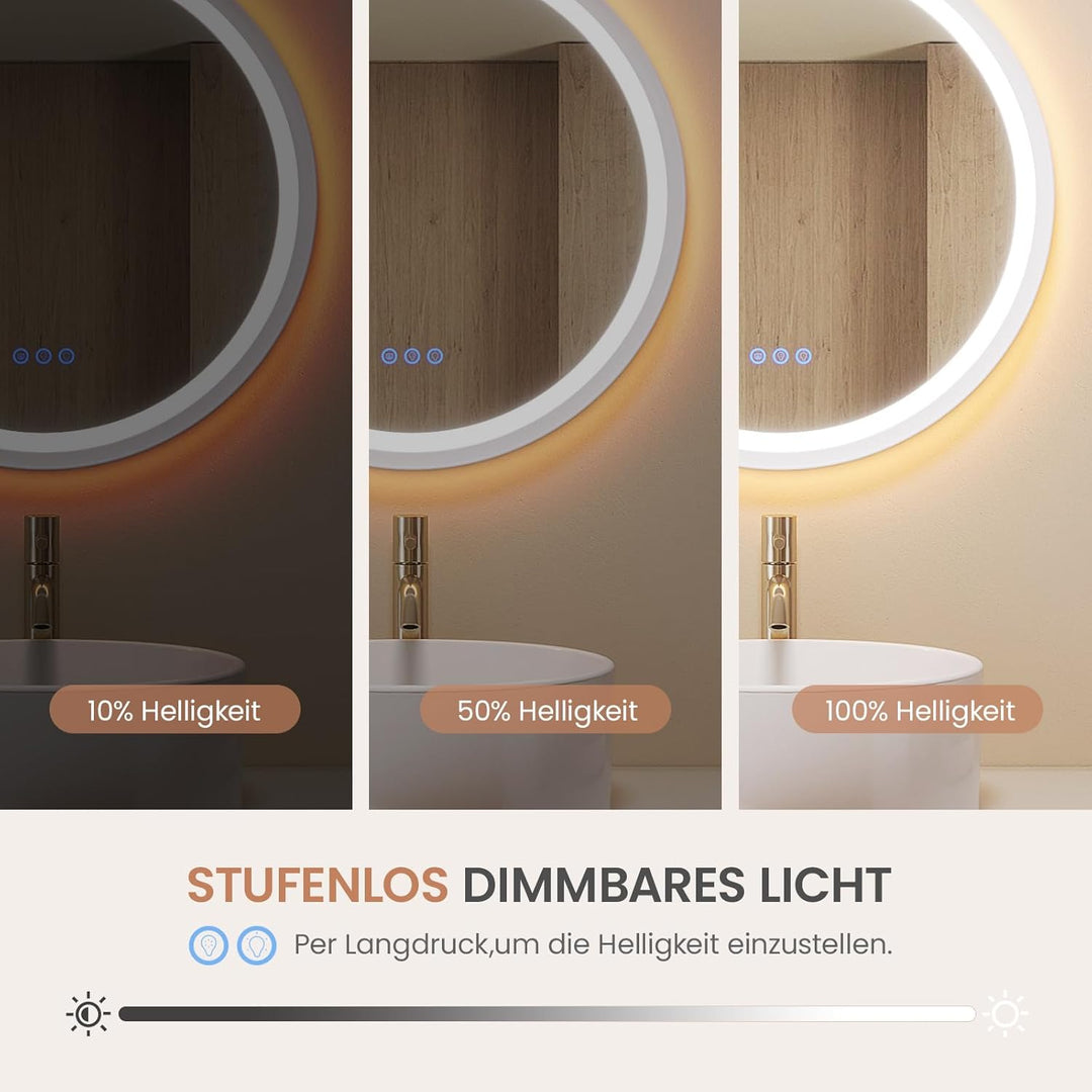AQUABATOS Badspiegel mit Beleuchtung Rund 60 cm Aluminiumrahmen Schrägdesign weiss matt direkte und