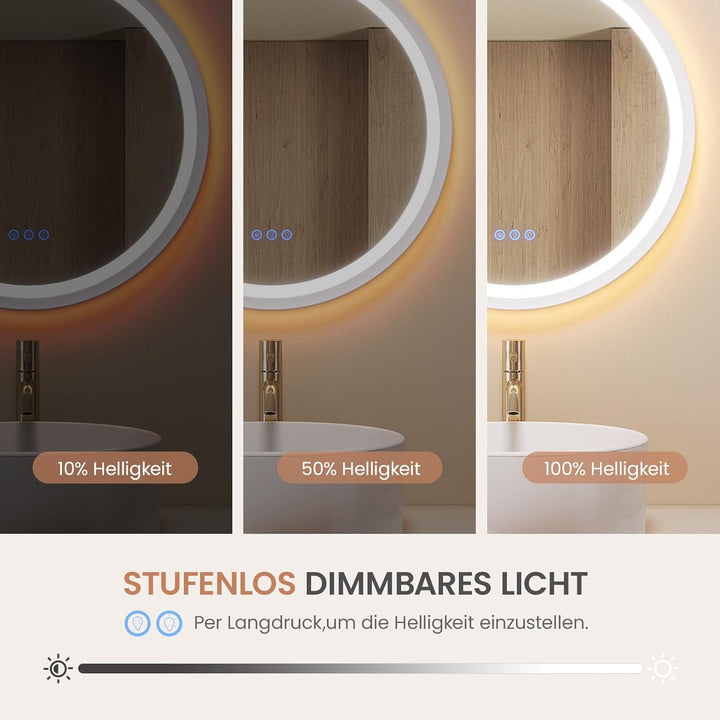 AQUABATOS Badspiegel mit Beleuchtung Rund 60 cm Aluminiumrahmen Schrägdesign weiss matt direkte und