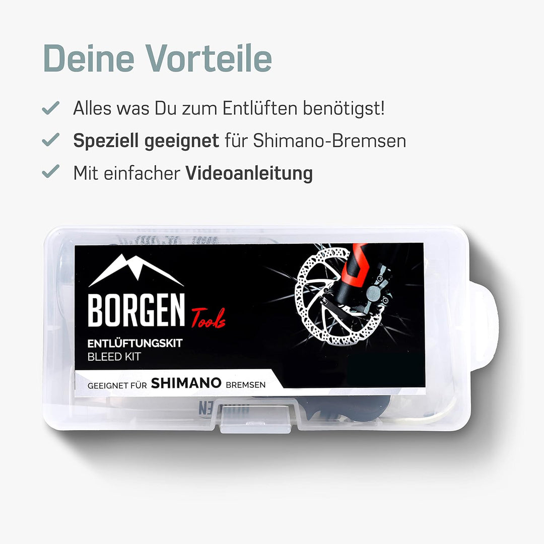 Borgen Entlüftungsset für Shimano Scheibenbremsen - Entlüftungskit mit Anleitung für Deore, Dura Ace