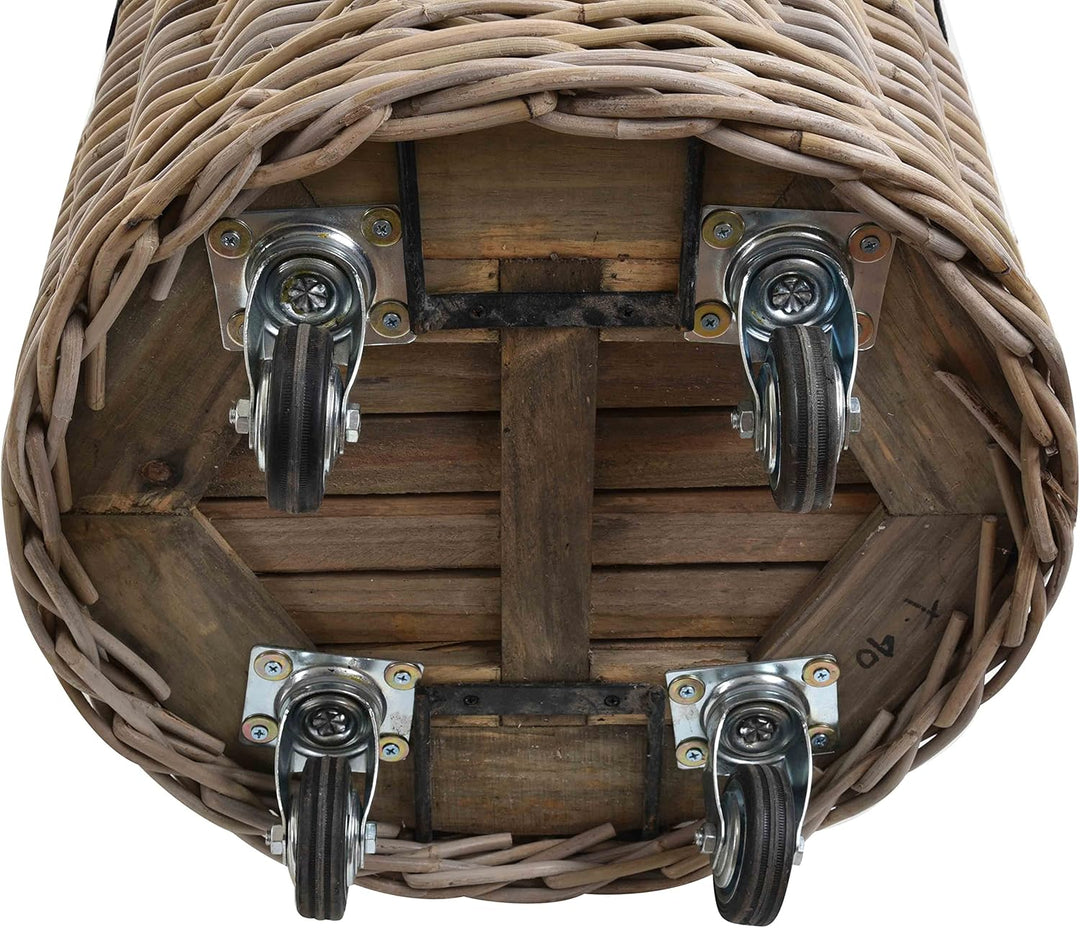Grosser Rollkorb mit Griffen/Holzkorb mit Rollen aus grauem Natur Rattan/Aufbewahrung Holz-Wagen Räd