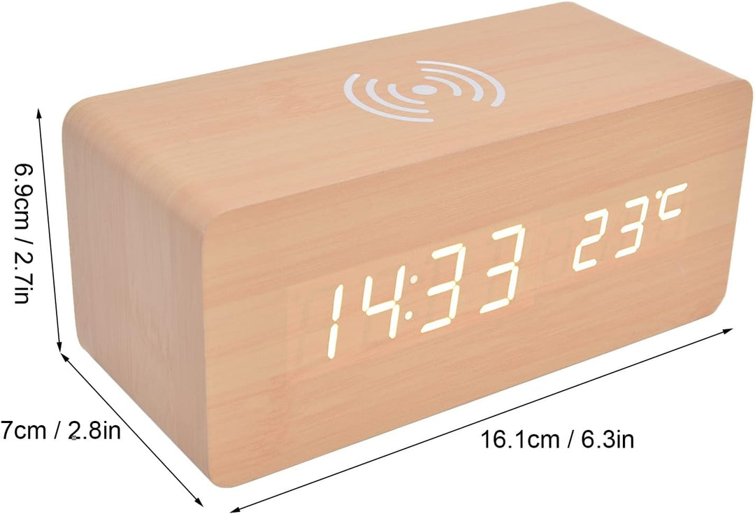 Digitaler Holzwecker, Radiowecker 12/24 Stunden LED-Elektronische Uhr mit Schneller Drahtloser Lades