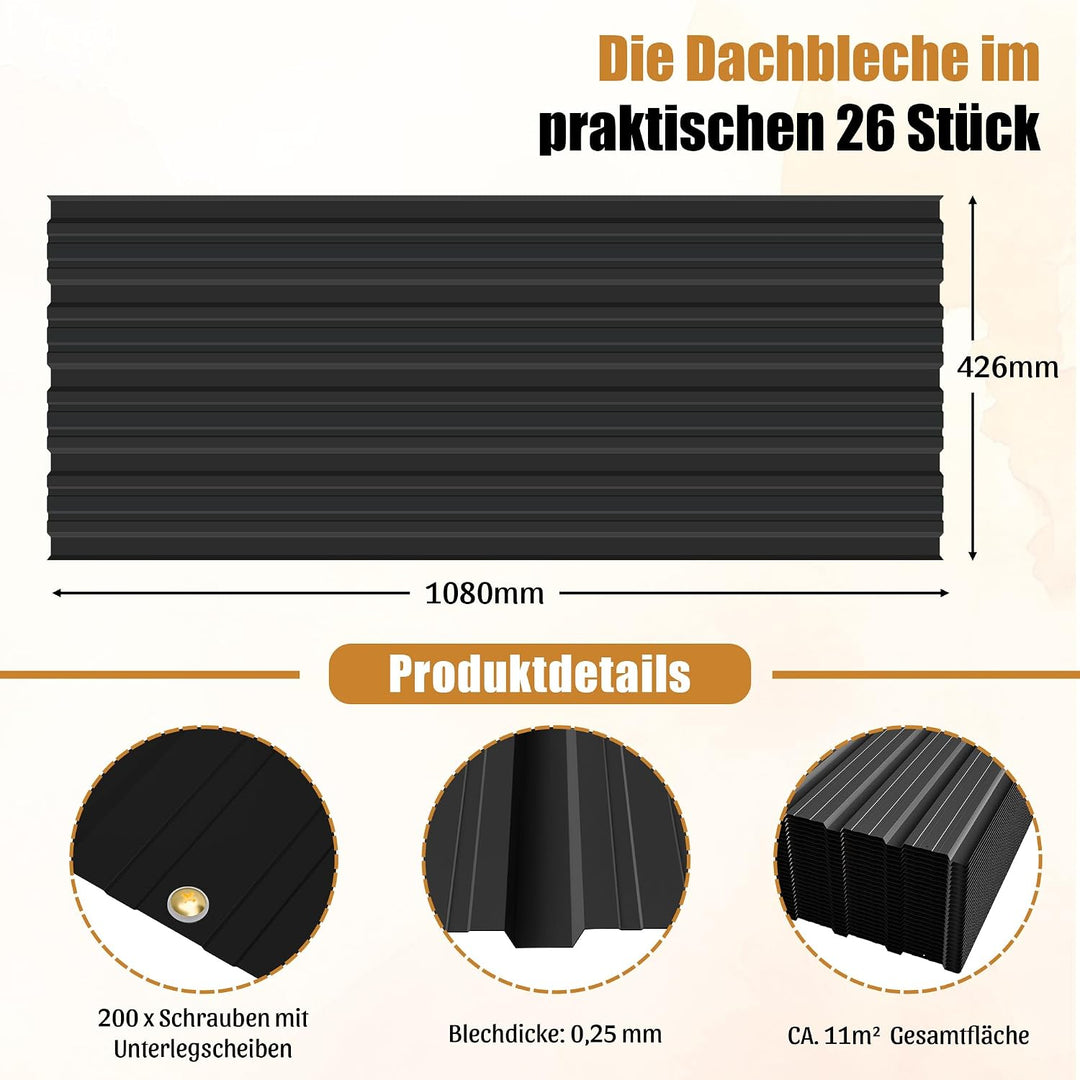 26 Stück Profilblech Verzinkter Stahl – 12 m² Dachblech Set mit Schrauben, UV-beständig, Winterfest