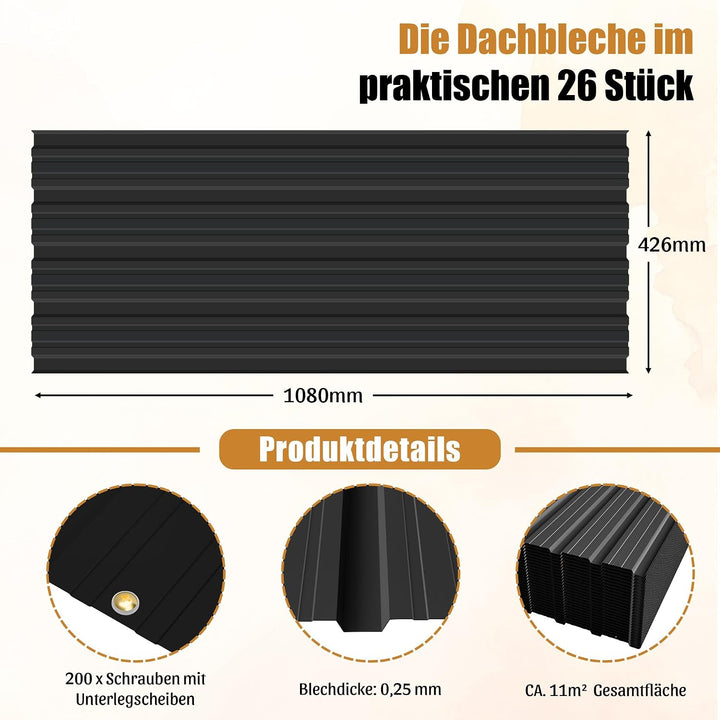 26 Stück Profilblech Verzinkter Stahl – 12 m² Dachblech Set mit Schrauben, UV-beständig, Winterfest