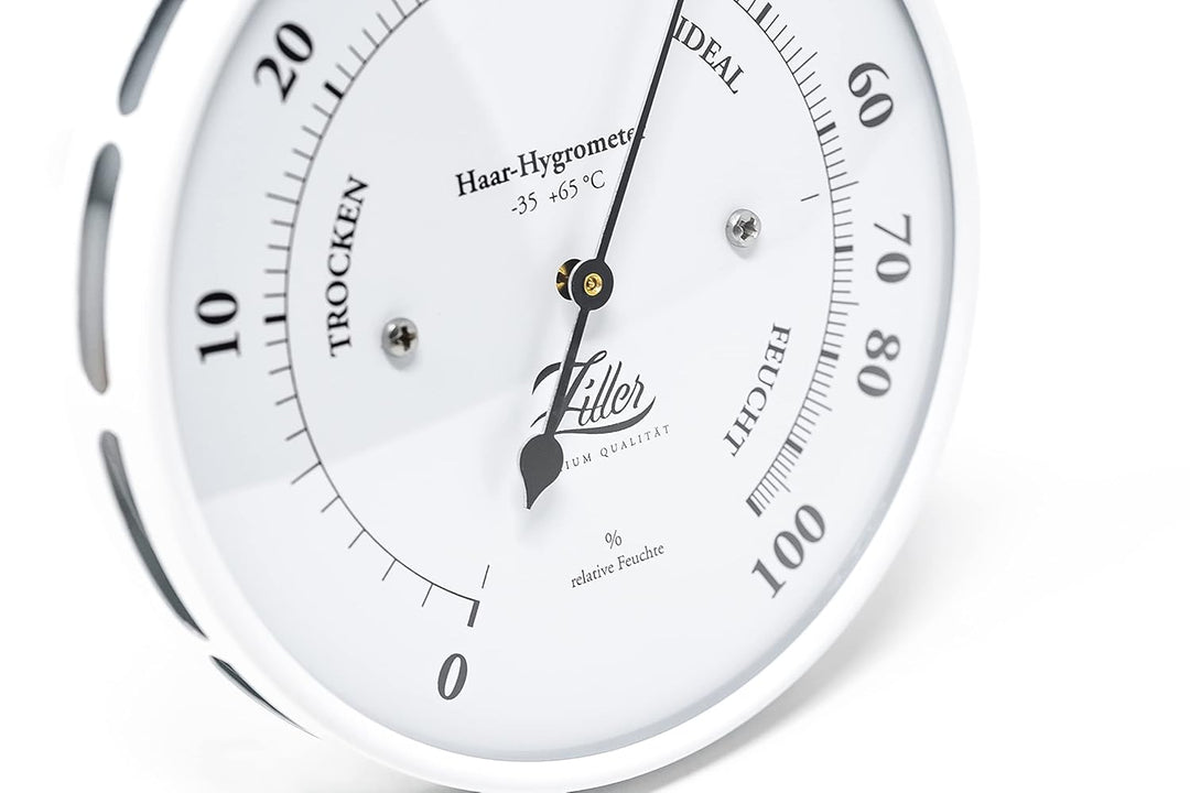 ZILLER Haar-Hygrometer, Serie Retro, Gehäuse Weiss, Ziffernblatt Weiss, Durchmesser 10cm, Made in Ge