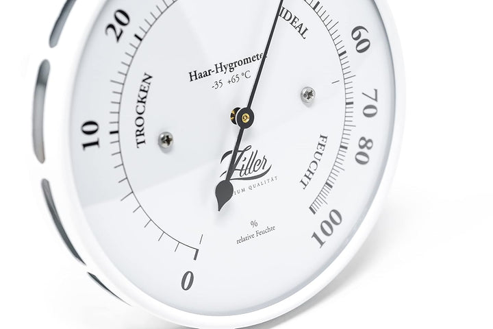 ZILLER Haar-Hygrometer, Serie Retro, Gehäuse Weiss, Ziffernblatt Weiss, Durchmesser 10cm, Made in Ge