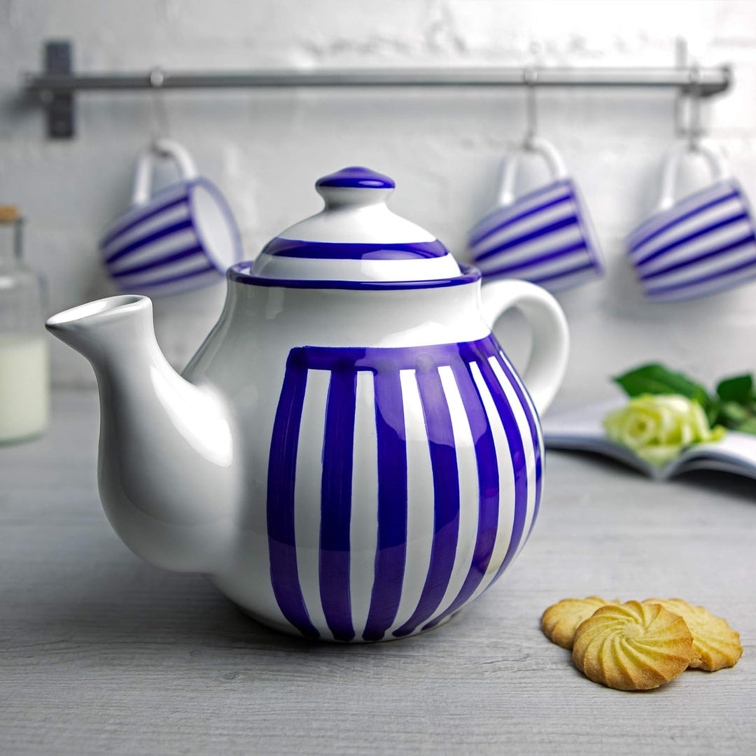 City to Cottage® - Teekanne für 4-6 Tassen | Blau-Weiss gestreift | Handgemacht | Teekanne Keramik G