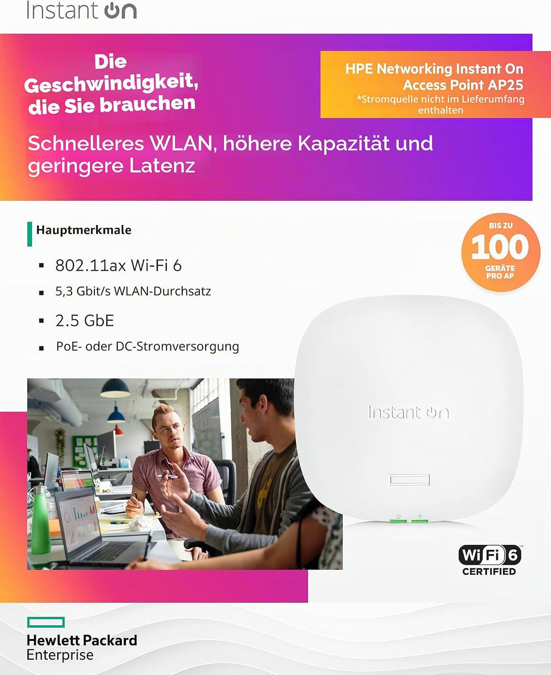 Aruba Instant On AP25 4x4 Wi-Fi 6 Access Point | RW Rest-of-World-Modell | Netzteil Nicht im Lieferu