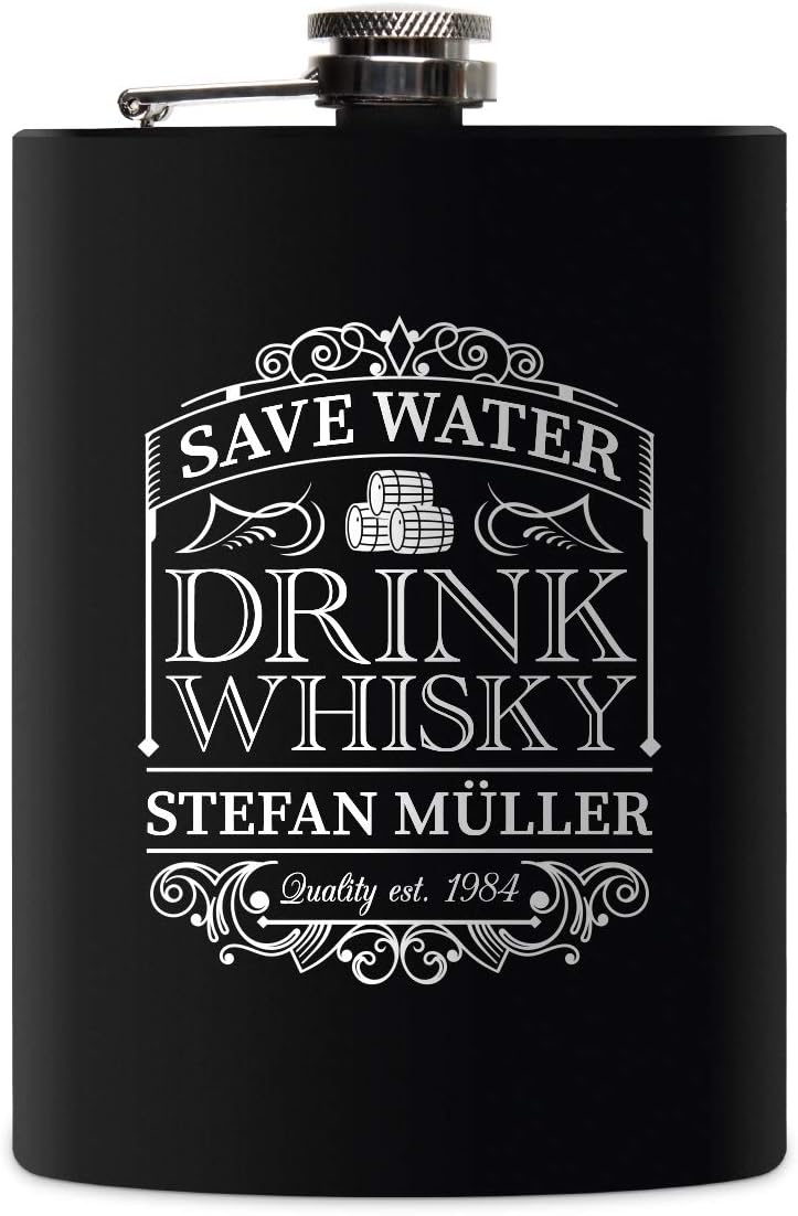 Flachmann Edelstahl Schwarz Matt 237 ml 8 oz individuelle Gravur in Silber - Save Water Drink Whisky