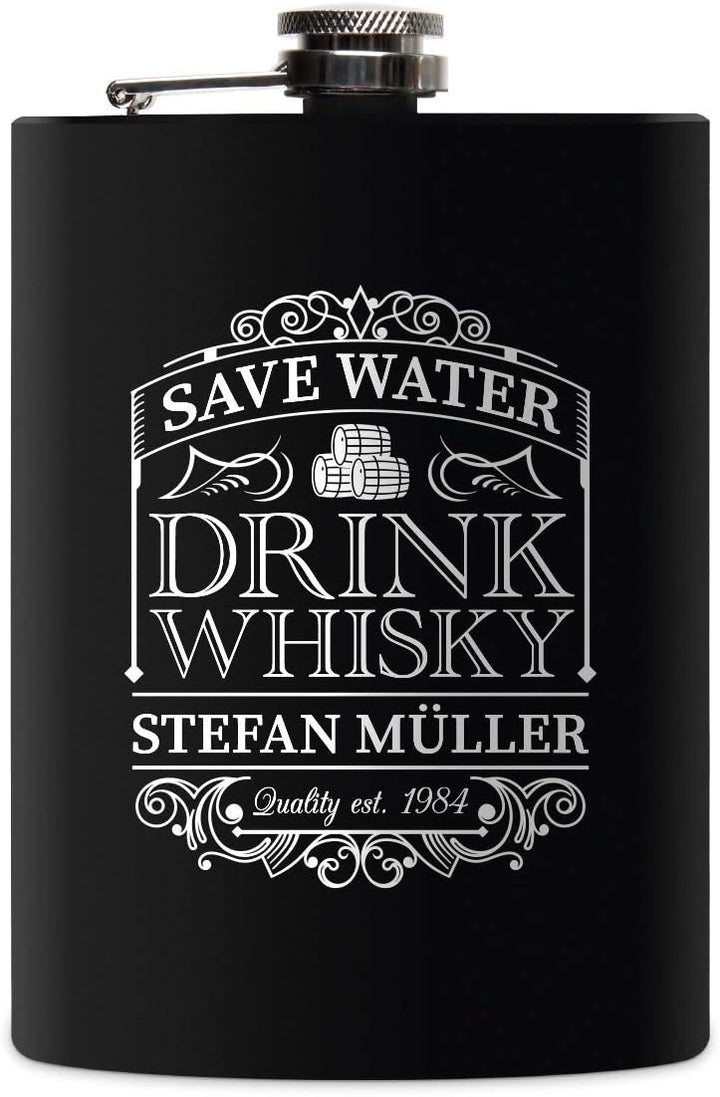 Flachmann Edelstahl Schwarz Matt 237 ml 8 oz individuelle Gravur in Silber - Save Water Drink Whisky
