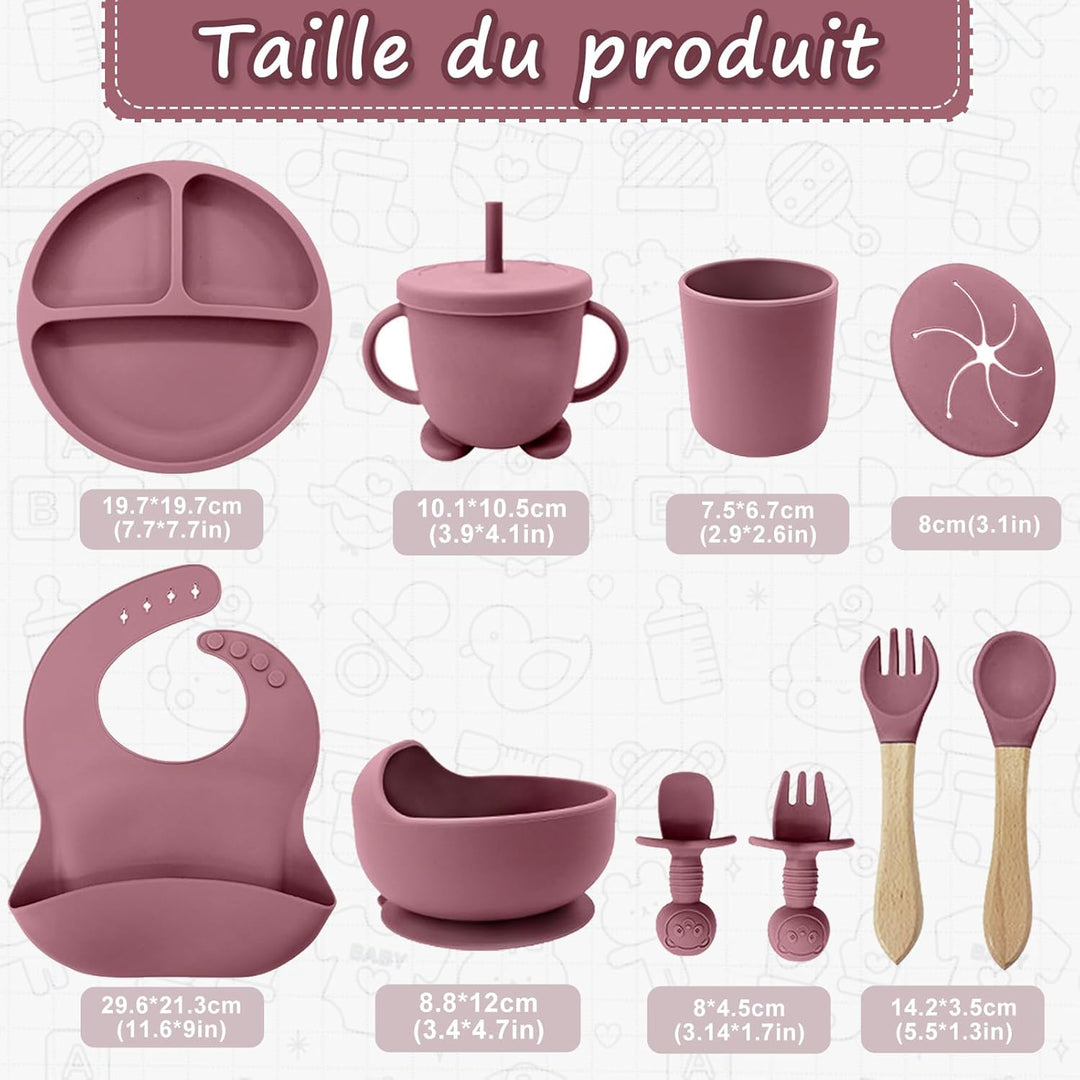 Baby Geschirrset,12er Set Kindergeschirr, Babylöffel,Trinklernbecher,Silikon Lätzchen,Baby Teller Ki