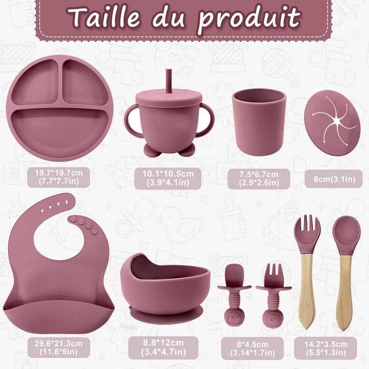 Baby Geschirrset,12er Set Kindergeschirr, Babylöffel,Trinklernbecher,Silikon Lätzchen,Baby Teller Ki