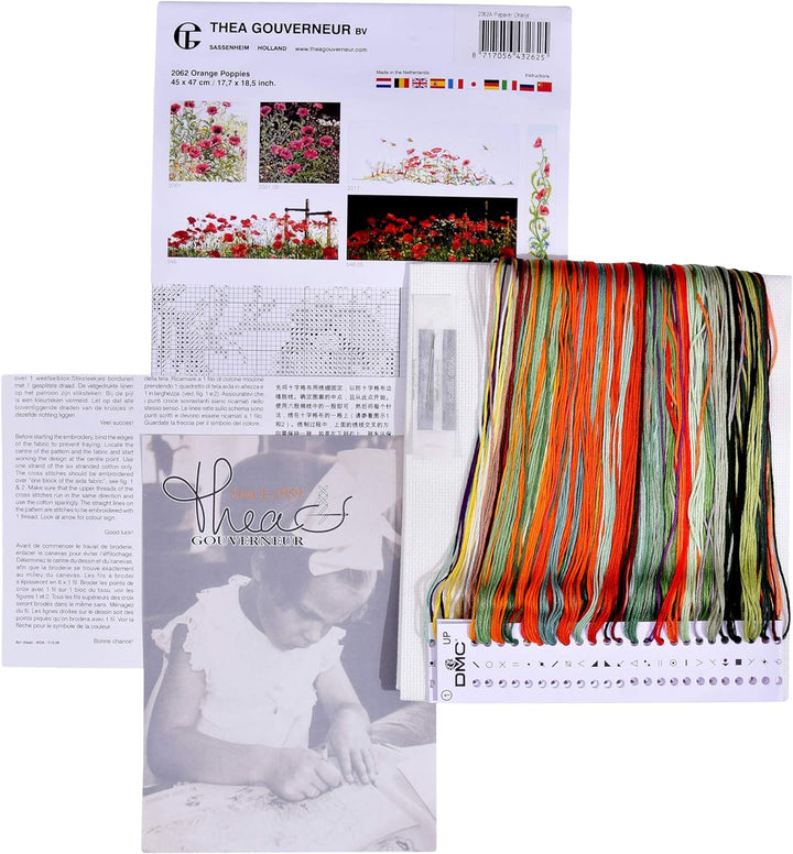 Thea Gouverneur - Kreuzstich-Set - Orange Mohnblumen - Aida - 16 Count - Für Erwachsene - 2062A, Ora
