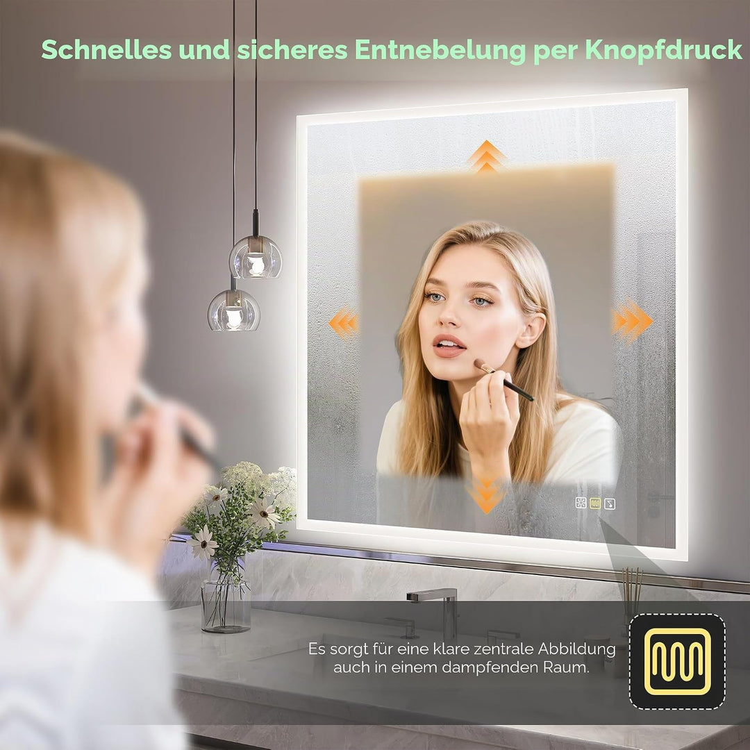 S'bagno Badezimmer-Spiegel-mit-Beleuchtung 80x80cm, LED-Badspiegel-mit-Beleuchtung, Bluetooth, Entfo