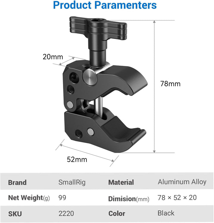 SMALLRIG Super Clamp mit Backe Öffnet von 10 bis 55 mm Universal Befestigungs-Mechanismus Starke tra