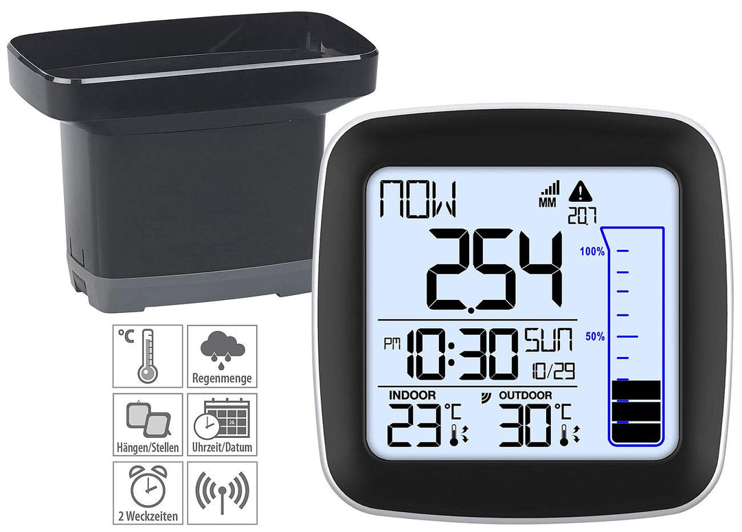 infactory Niederschlagsmesser: Digitale Funk-Wetterstation mit Aussensensor, Regenmesser & Wecker (R