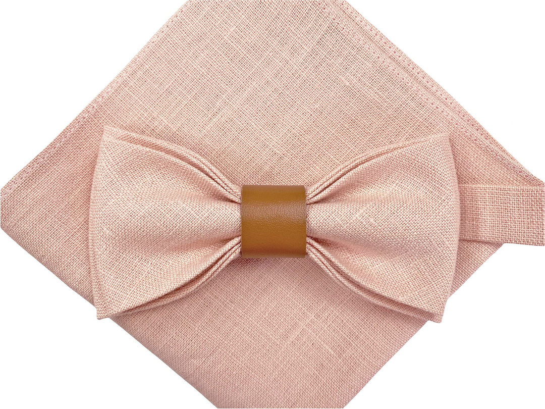 LINILI Leinen Accessoires SET: Fliege und Einstecktuch für Herren- Fliege mit Leder, bereits gebunde