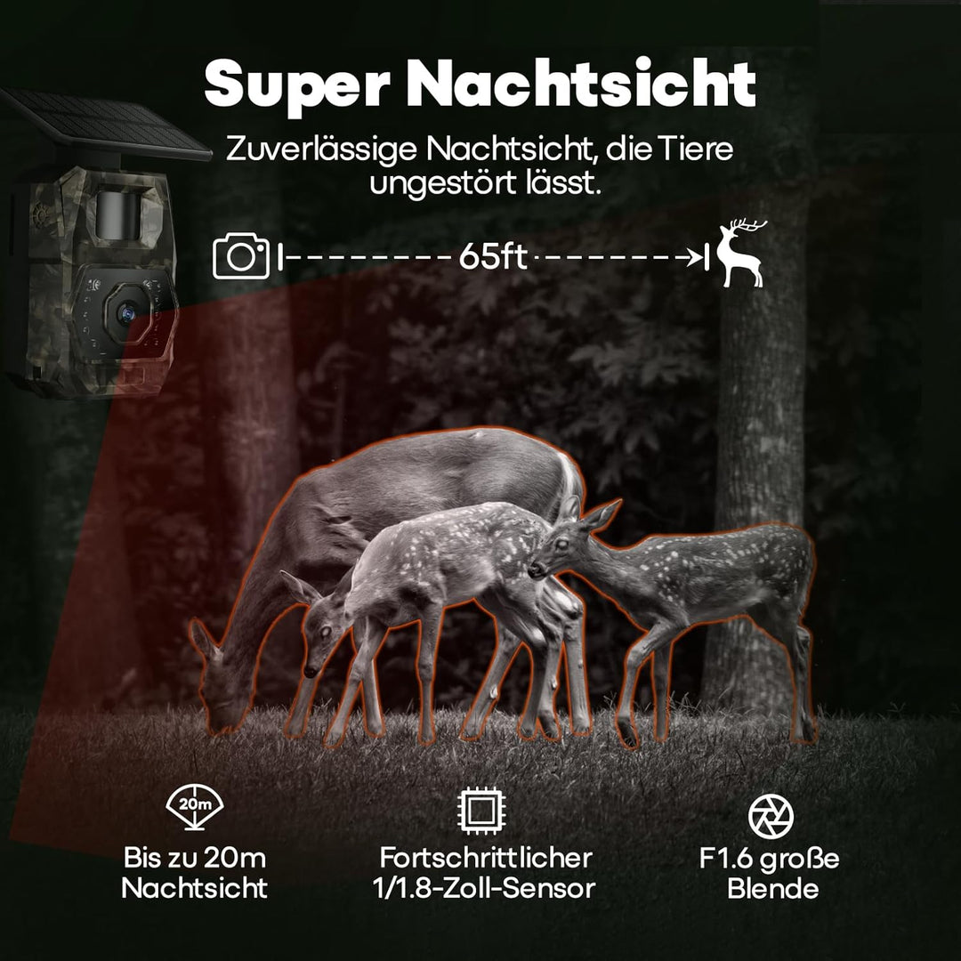 MAXDONE Wildkamera mit Handyübertragung App - Wildtierkamera 4K 64MP WLAN Solar Wildkamera mit 6000m