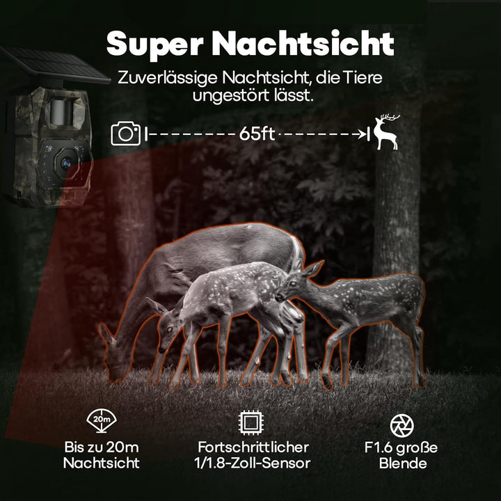 MAXDONE Wildkamera mit Handyübertragung App - Wildtierkamera 4K 64MP WLAN Solar Wildkamera mit 6000m