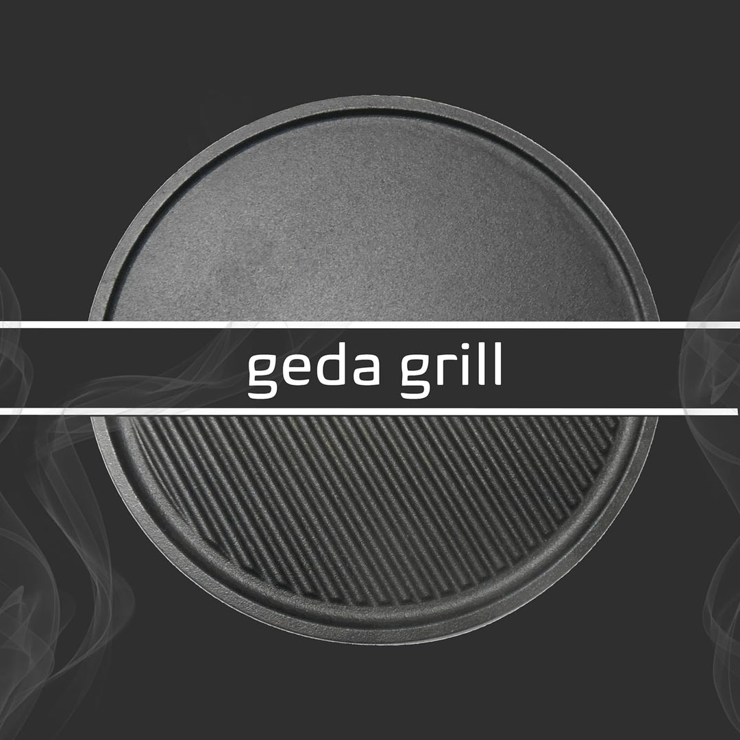 GEDA Grill Gusseisen Grillplatte, Wendeplatte rund 32,5 cm, Doppelseitig verwenbar, Plancha, Univesa
