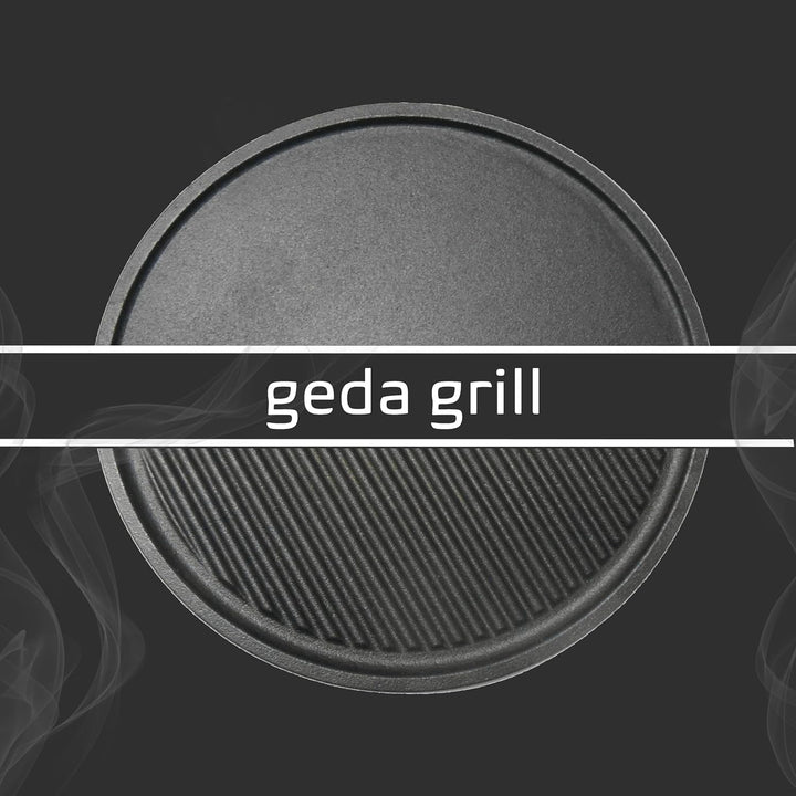 GEDA Grill Gusseisen Grillplatte, Wendeplatte rund 32,5 cm, Doppelseitig verwenbar, Plancha, Univesa