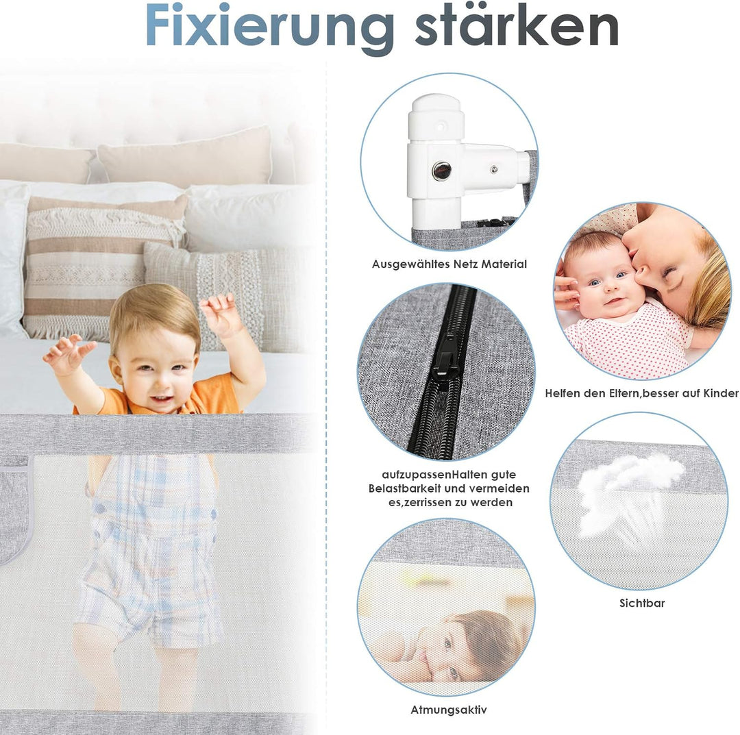 Fiqops Bettgitter Rausfallschutz 200CMx2+180CMx1 Höhenverstellbar 64-96cm, Bettschutzgitter Kinderbe