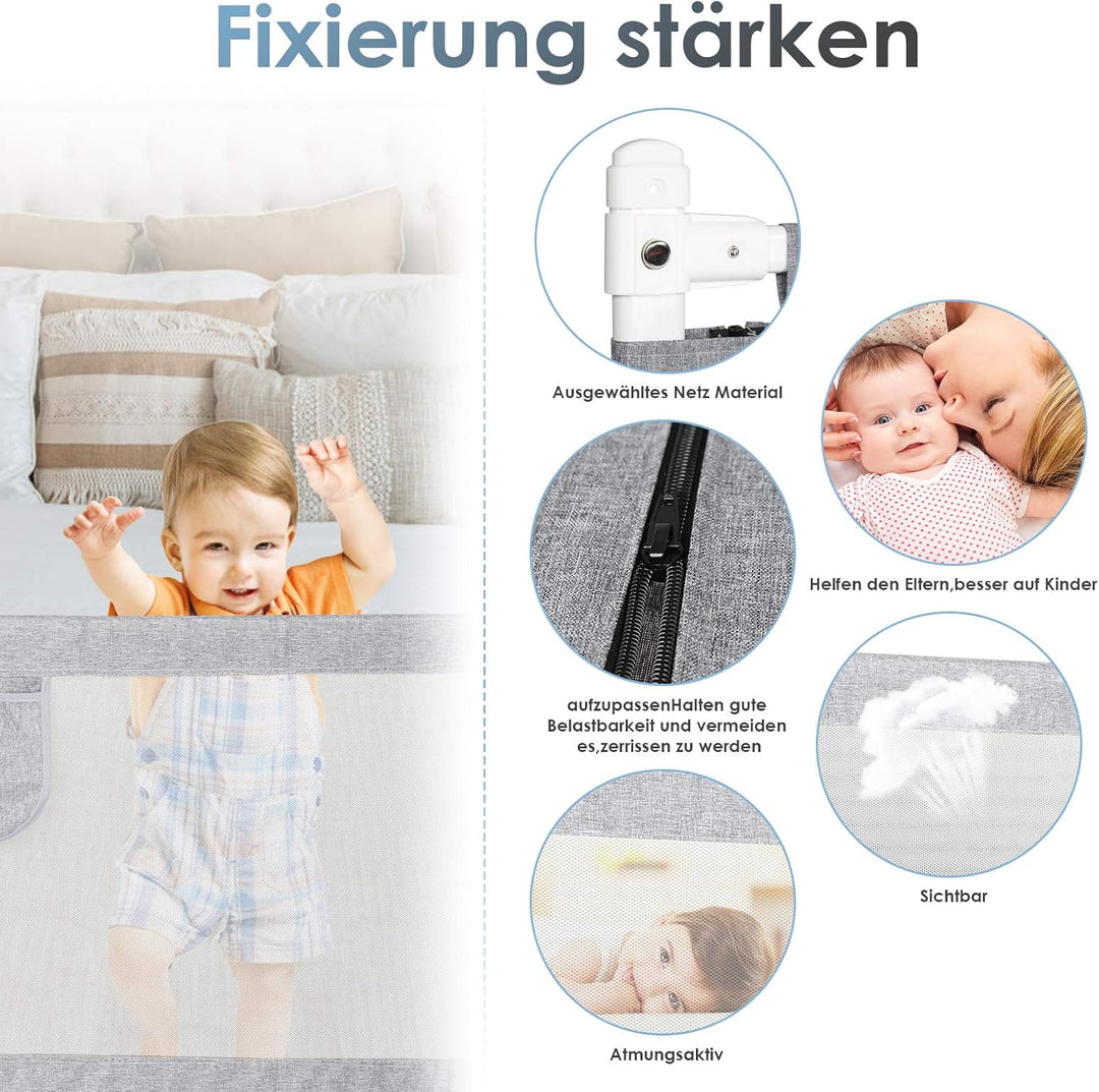 Fiqops Bettgitter Rausfallschutz 180cm Höhenverstellbar 64-96cm, Bettschutzgitter Kinderbettgitter m