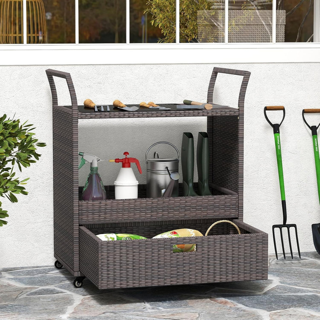 COSTWAY Grillwagen Outdoor, Rattan Servierwagen mit gehärteter Glasplatte, offenes Ablagefach & Schu