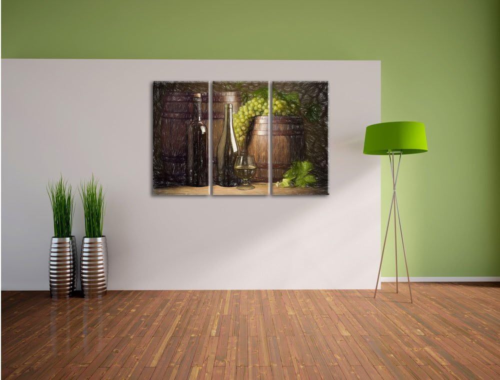 Pixxprint Fässer mit Weintrauben und Wein als Leinwandbild/Grösse: 3 Teilig (120x80 cm) cm/Wandbild/