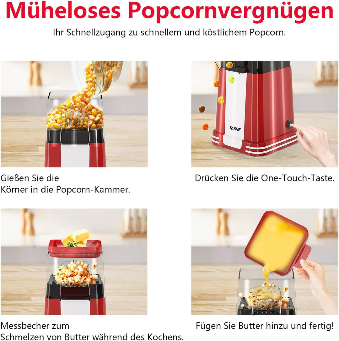 YASHE Popcornmaschine Retro, 1200W Heissluft-Popcornmaschine mit Messbecher, One-Touch, Ölfrei, Perf