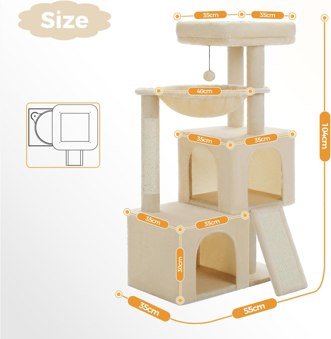 PETEPELA Kratzbaum 104cm Katzenbaum mit 2 geräumigen Höhle für Wohnungskatzen, Katzenhaus mit bequem