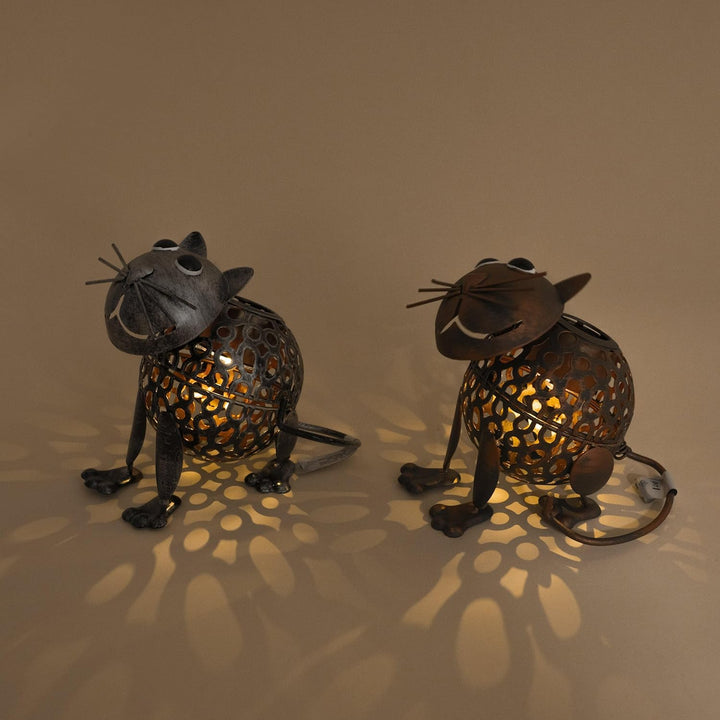 Esotec Solar Gartenfiguren Katzenpaar, Silber und kupferfarben, Metall, Akku, Solarmodul, Balkondeko