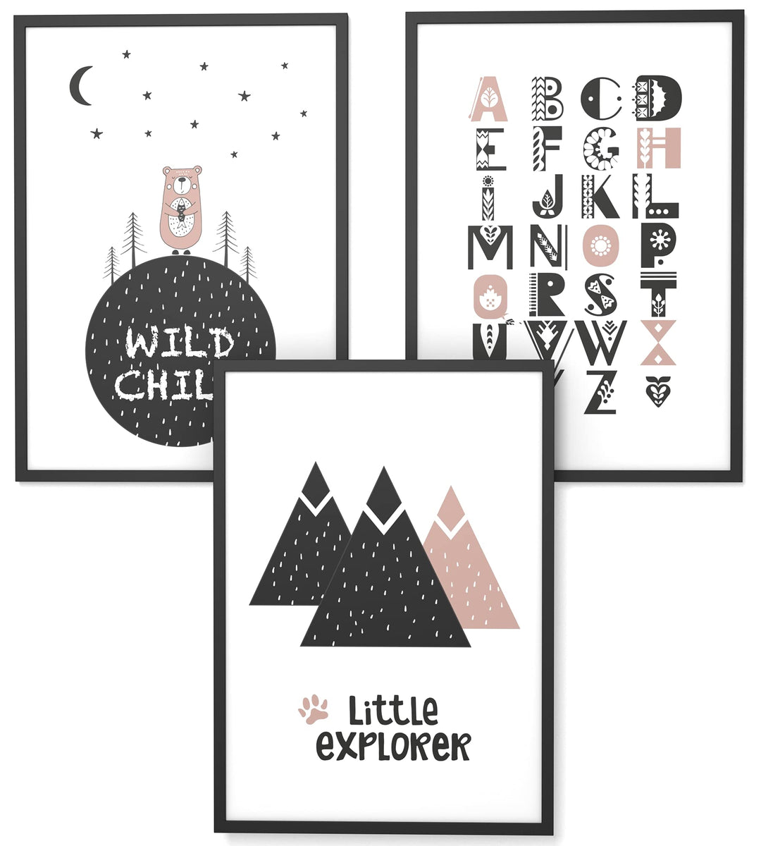Papierschmiede® Kinderbilder 3er Set, A3 gerahmt in Holzrahmen (schwarz), Geschenk für Jungen &amp; Mädc