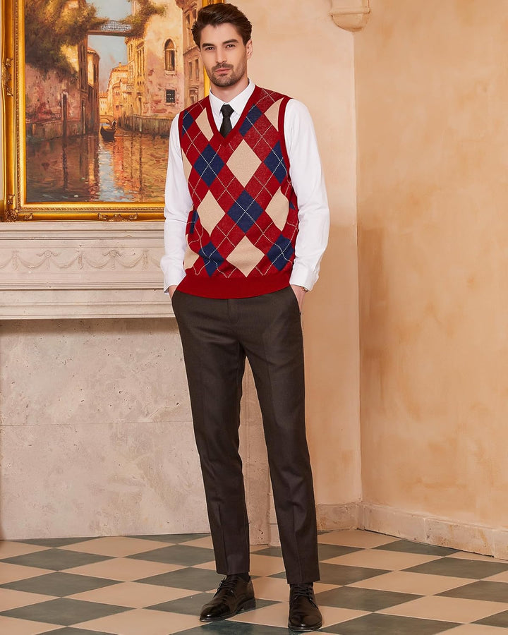 Kallspin Herren Argyle Gestrickt Ärmellos Pullover Wollmischung V-Ausschnitt Strickwesten L Burgunde