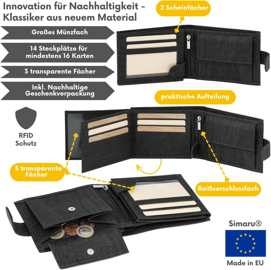 Simaru Kork Geldbeutel, Unisex Geldbörse mit RFID-Schutz, Portemonnaie für 11+Cards, Scheine &amp; Münze