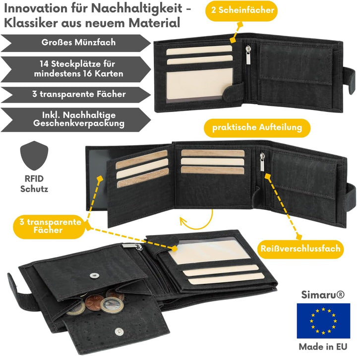 Simaru Kork Geldbeutel, Unisex Geldbörse mit RFID-Schutz, Portemonnaie für 11+Cards, Scheine &amp; Münze