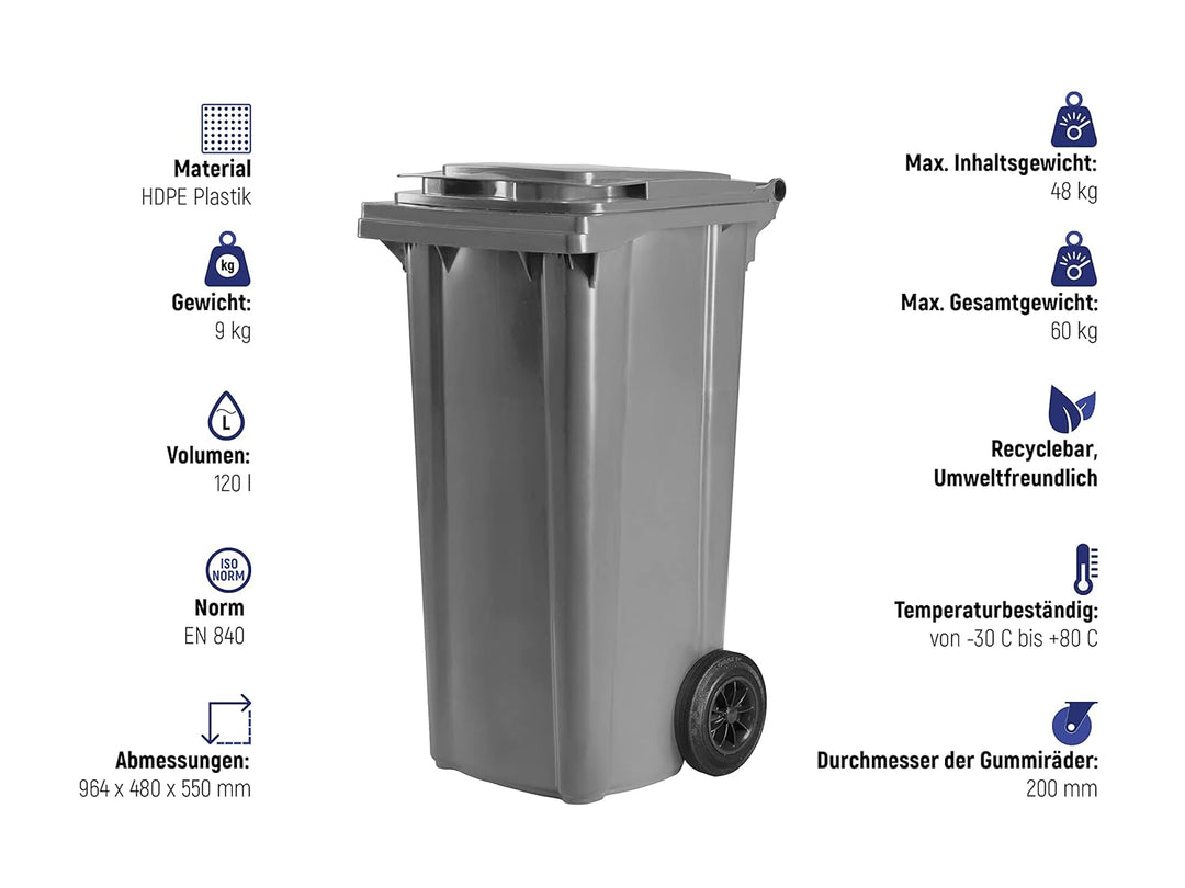 Hardwex Mülltonne mit 2 Rädern und Deckel, Müllgrossbehälter, Abfalltonne, Mülleimer, Volumen: 120 L