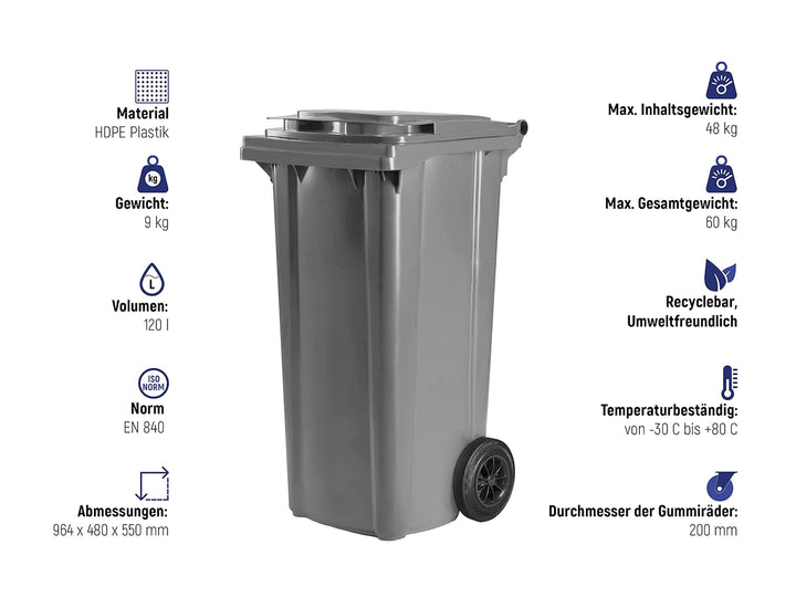 Hardwex Mülltonne mit 2 Rädern und Deckel, Müllgrossbehälter, Abfalltonne, Mülleimer, Volumen: 120 L