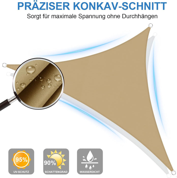 3x3x3m Sonnensegel Dreieck, Wasserdicht Sonnenschutz Segeltuch Sunsegel, 95% UV Schutz, Regenschutz,