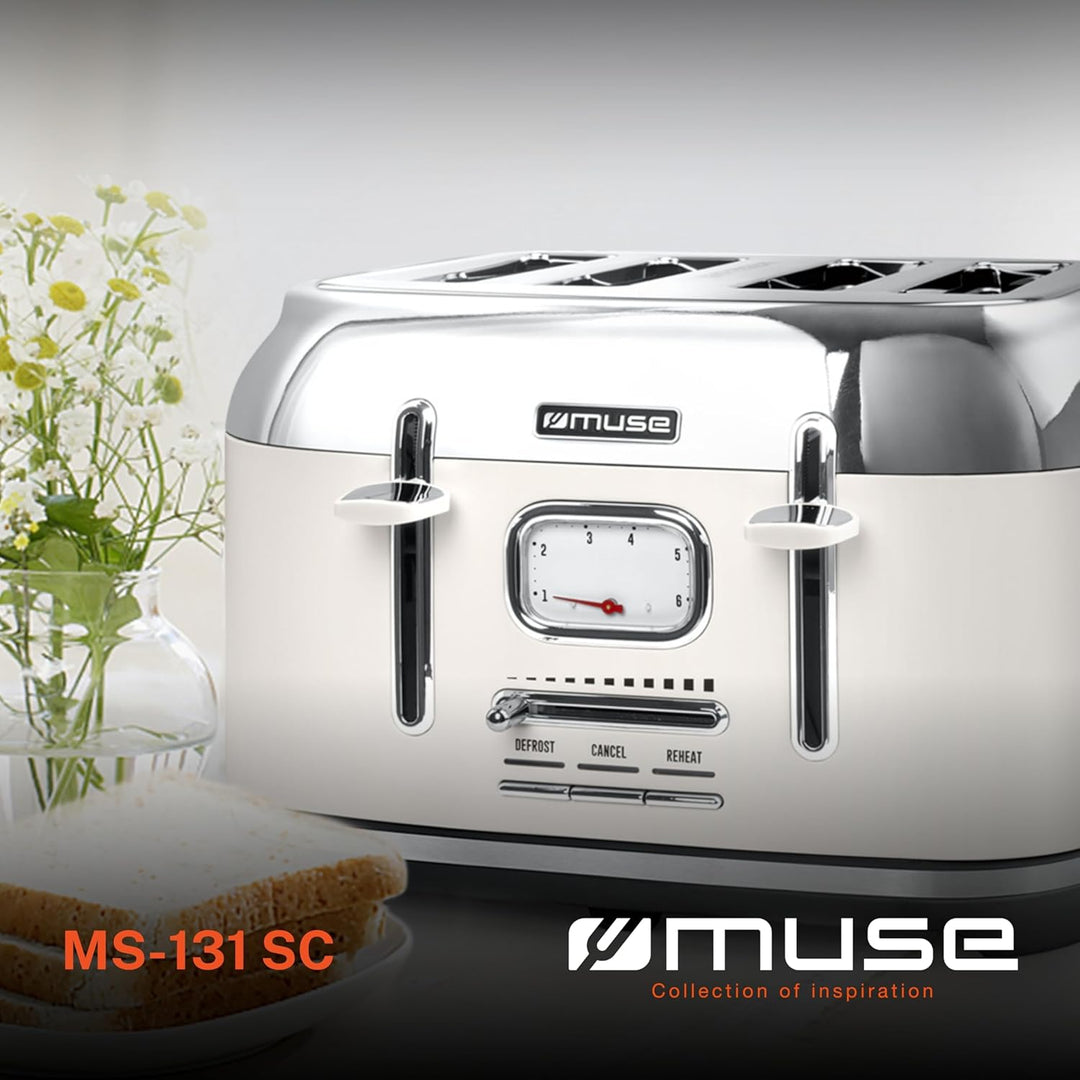 Muse Edelstahl-Toaster im weissen Retro Design, analoge Anzeige, beleuchtete Tasten, 6 Bräunungsstuf
