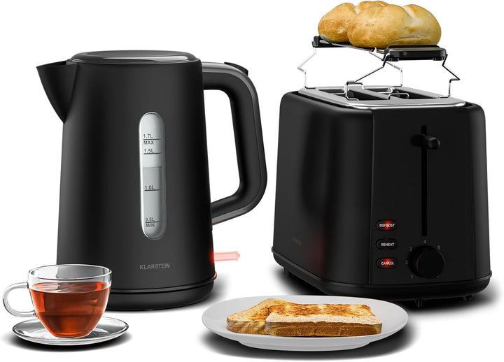 Klarstein Velaire Toaster Wasserkocher Set – 2 Scheiben Toaster mit 7 Bräunungsstufen, Brötchenaufsa