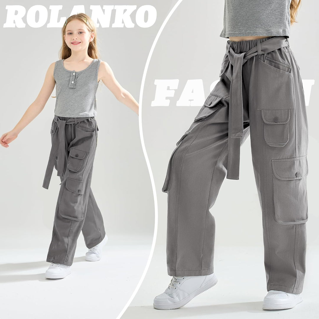 Rolanko Baggy Cargo Jeans für Mädchen, Elastische Hose mit Hoher Taille und Weitem Bein Y2K Jeanshos