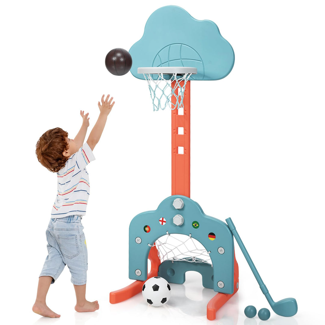 HOMASIS 3 in 1 Kinder Basketballkorb Set, multifunktional Basketballständer mit Fussballtor & Golf i