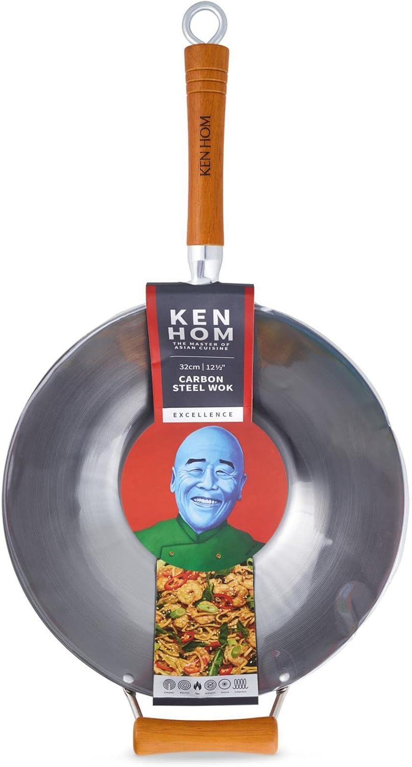 Ken Hom Wok 32 cm 10-tlg. aus unbeschichtetem Karbonstahl mit Gegengriff - induktionsgeeignete Stiel