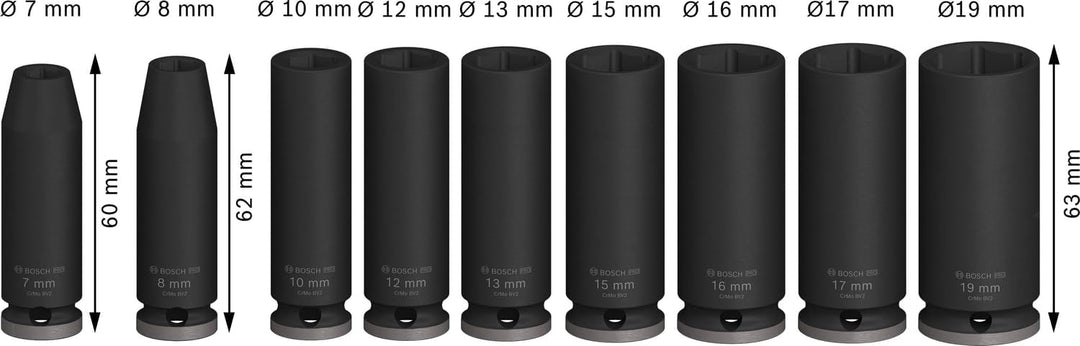 Bosch 9x PRO Impact Steckschlüsseleinsatz-Set (69 x 35 mm, Professional Zubehör Bohrer und Schrauber